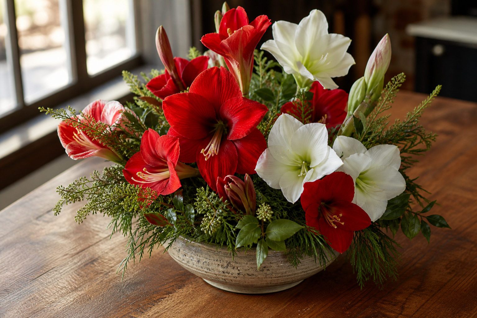 Finished amaryllis centerpiece in a wide ceramic vessel with red and white blooms and greenery accents