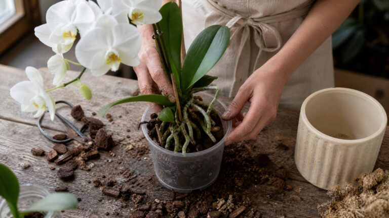 Florist hands repotting white orchid in clear pot with bark mix on wooden table