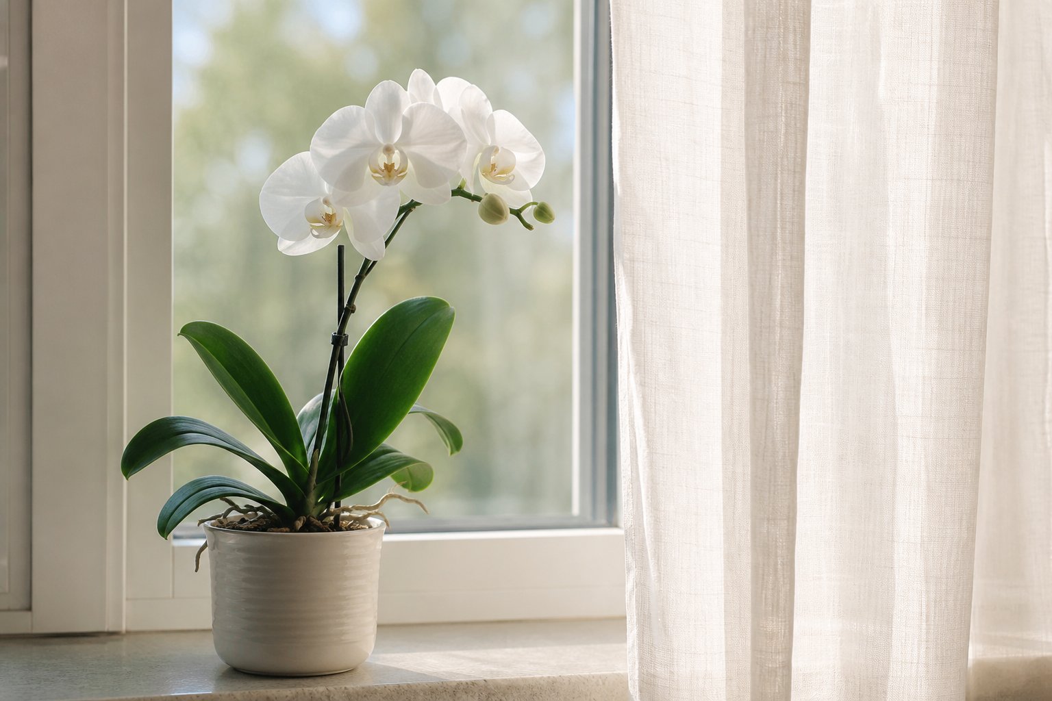 White orchid on bright windowsill with filtered natural light through sheer curtain