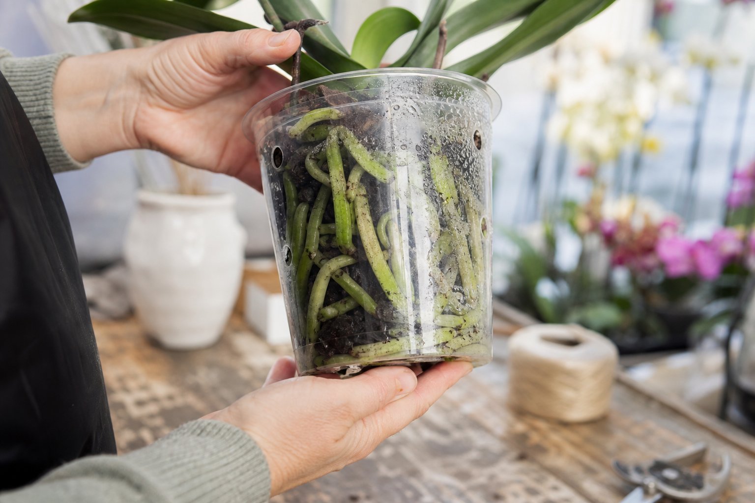 Hands holding clear orchid pot to light showing green healthy roots through sides