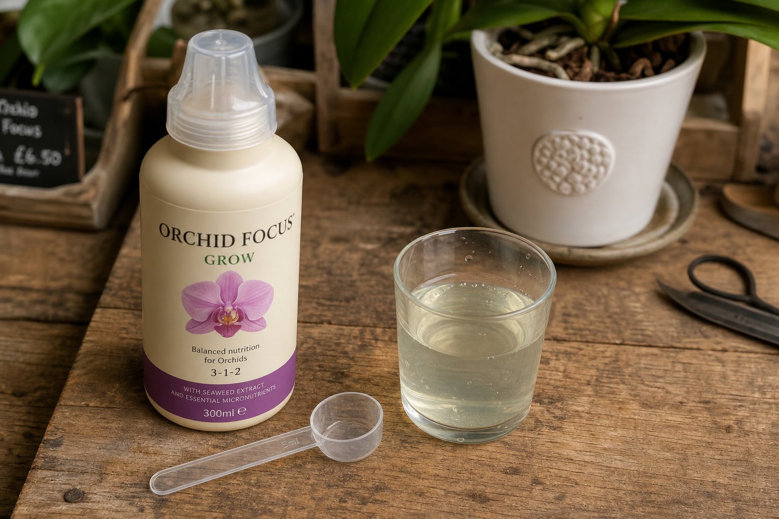 Orchid fertilizer bottle with measuring spoon and diluted solution on work table