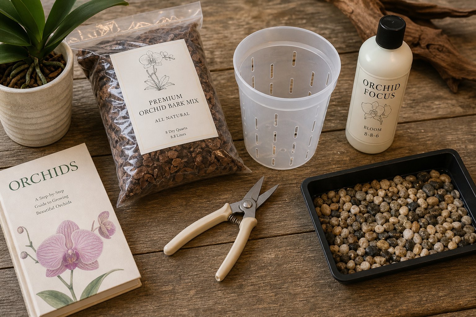 Orchid care supplies including clear pot, bark mix, shears, and fertilizer on table