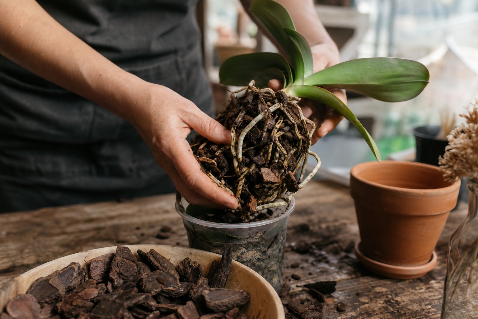 Hands removing orchid from pot showing roots in old broken-down bark mix