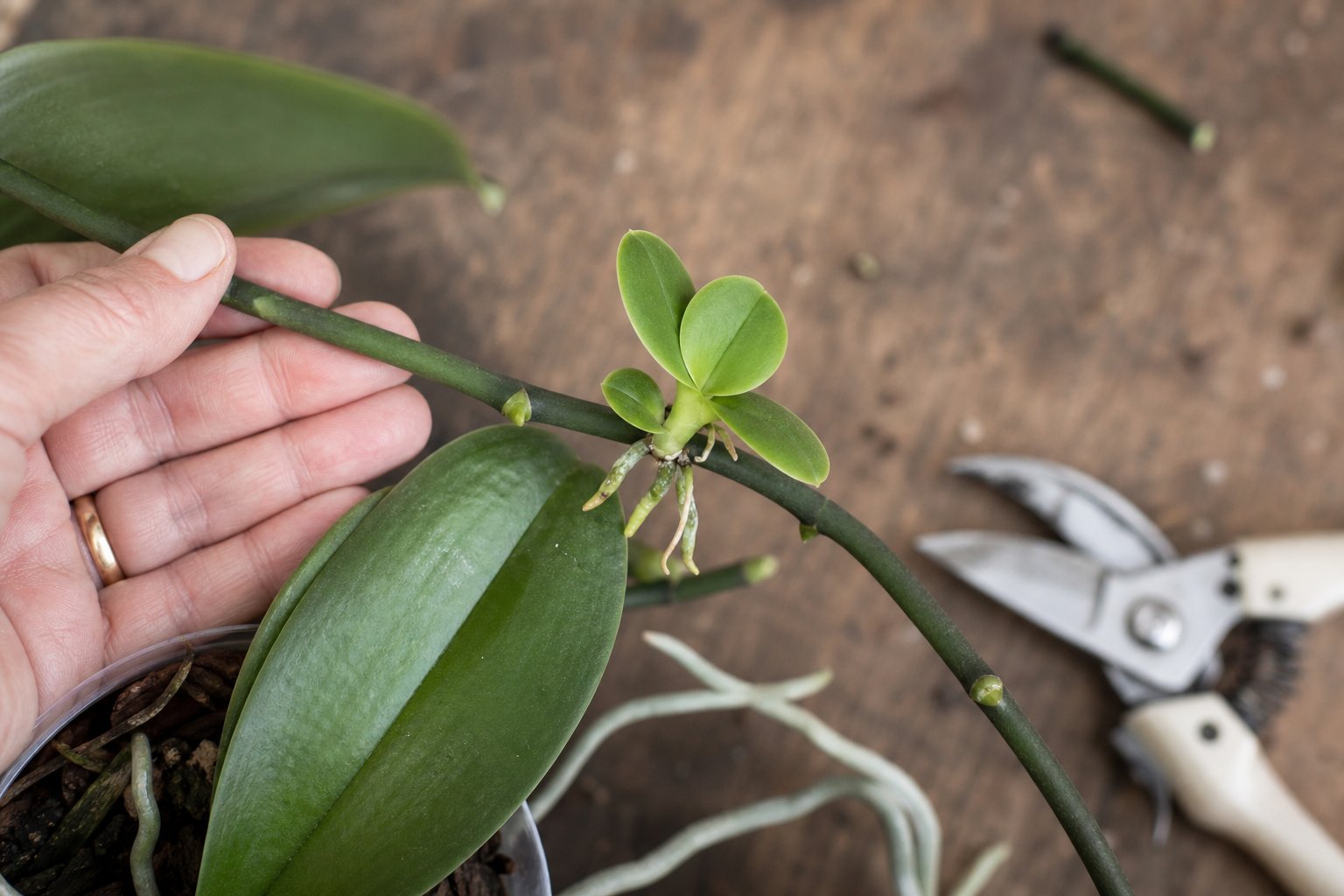 Small orchid keiki with roots growing on mother plant bloom spike