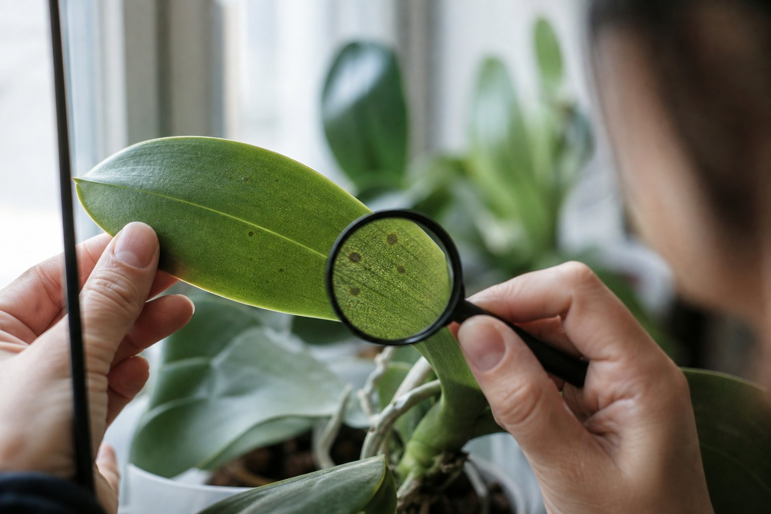 Hand with magnifying glass inspecting underside of orchid leaf for pests
