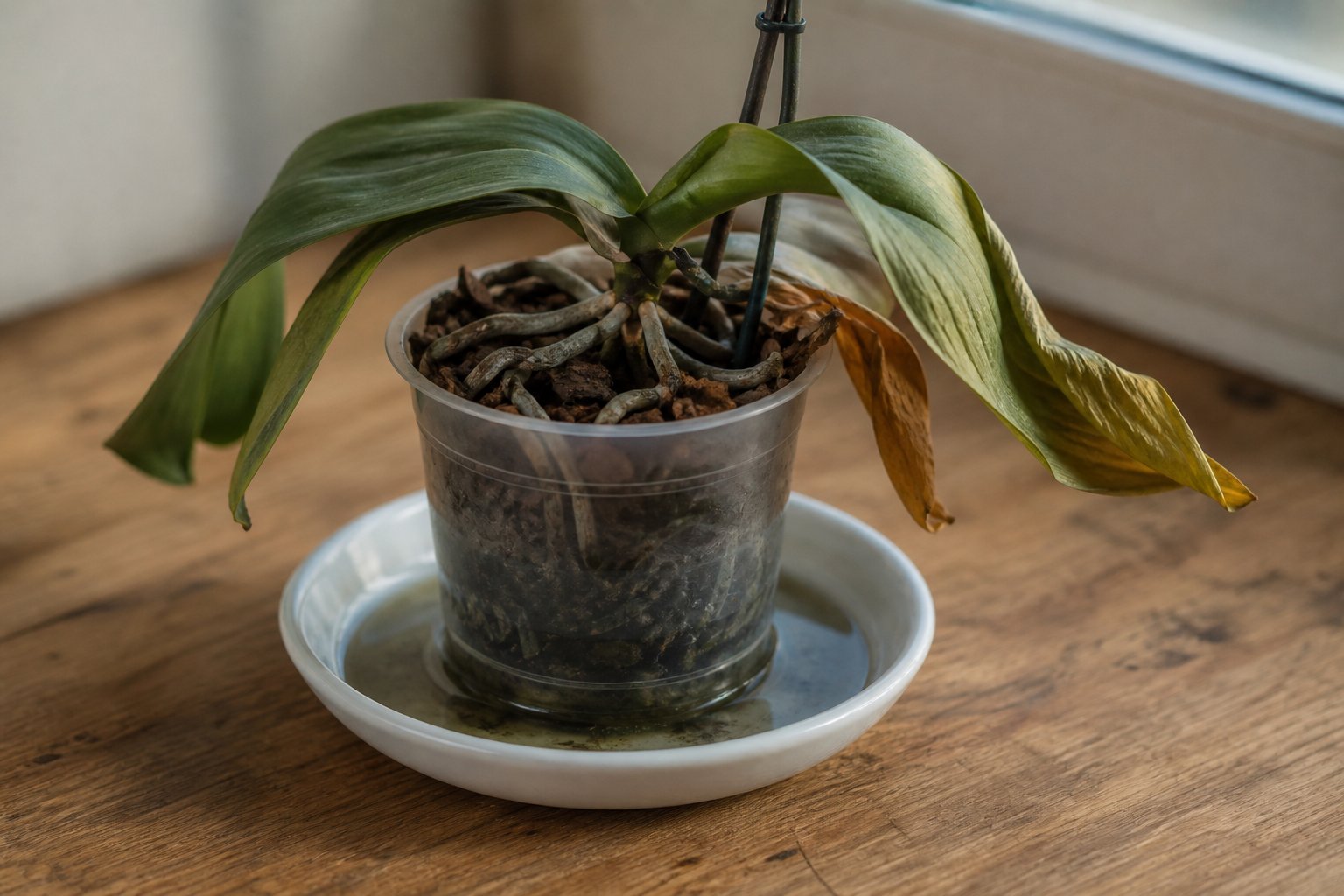 Orchid pot sitting in standing water in saucer showing improper care