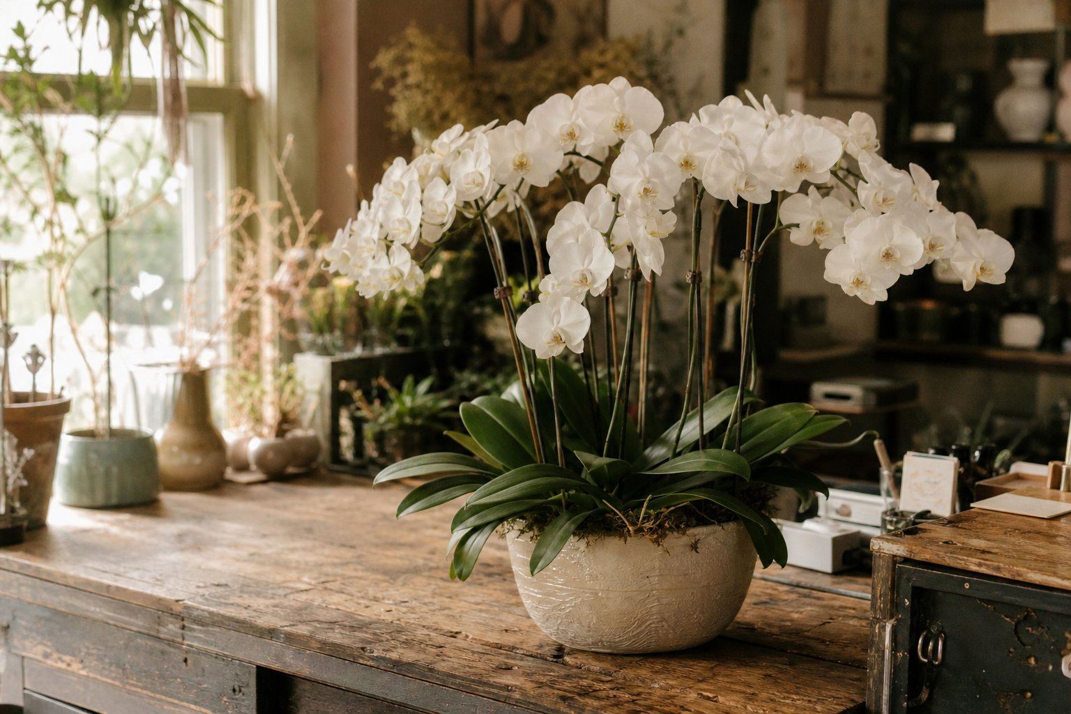 Blooming white orchid on florist shop counter with warm natural light