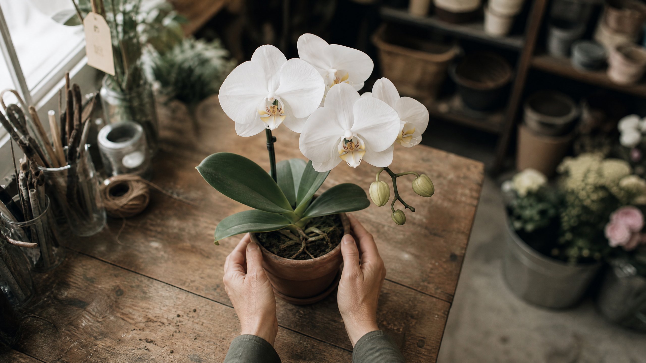 Hands holding white phalaenopsis orchid on wooden table in flower shop