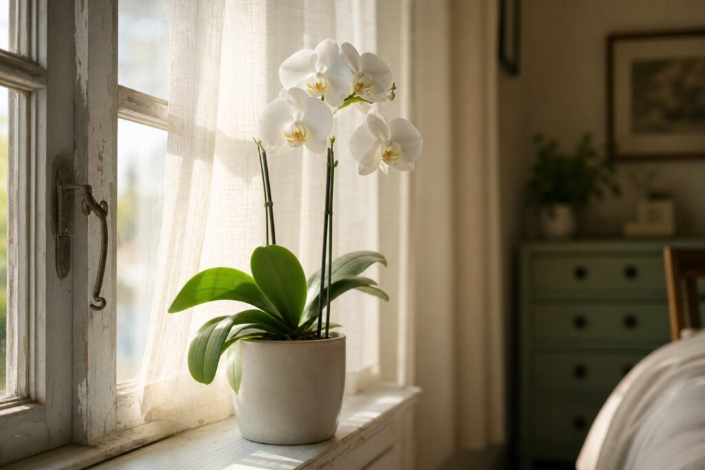 Phalaenopsis orchid on windowsill with filtered natural light through curtain