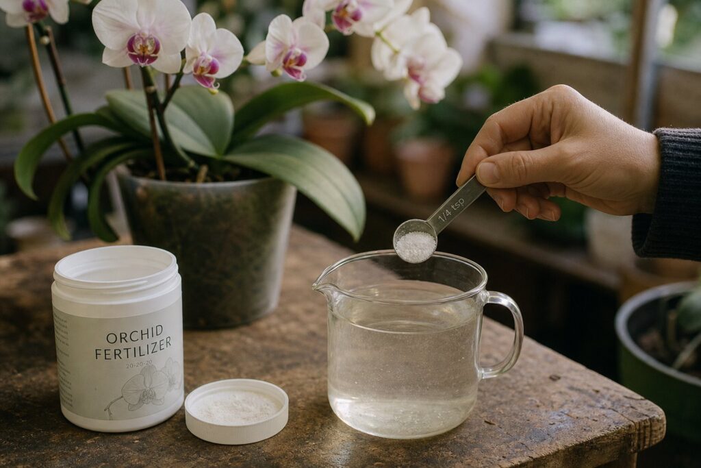 Measuring orchid fertilizer for weekly feeding schedule