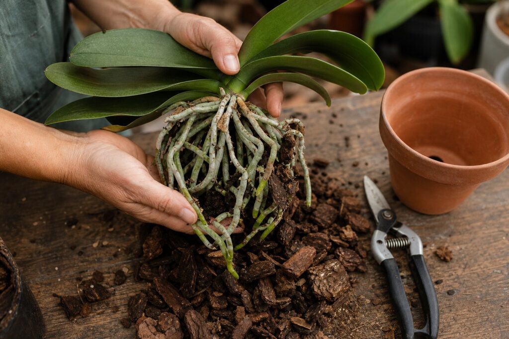 Repotting phalaenopsis orchid showing healthy roots and fresh bark