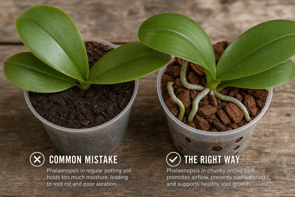 Comparison of orchid in wrong soil versus correct bark medium