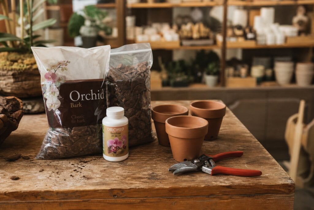 Orchid care supplies including bark, fertilizer, and pots on shop counter