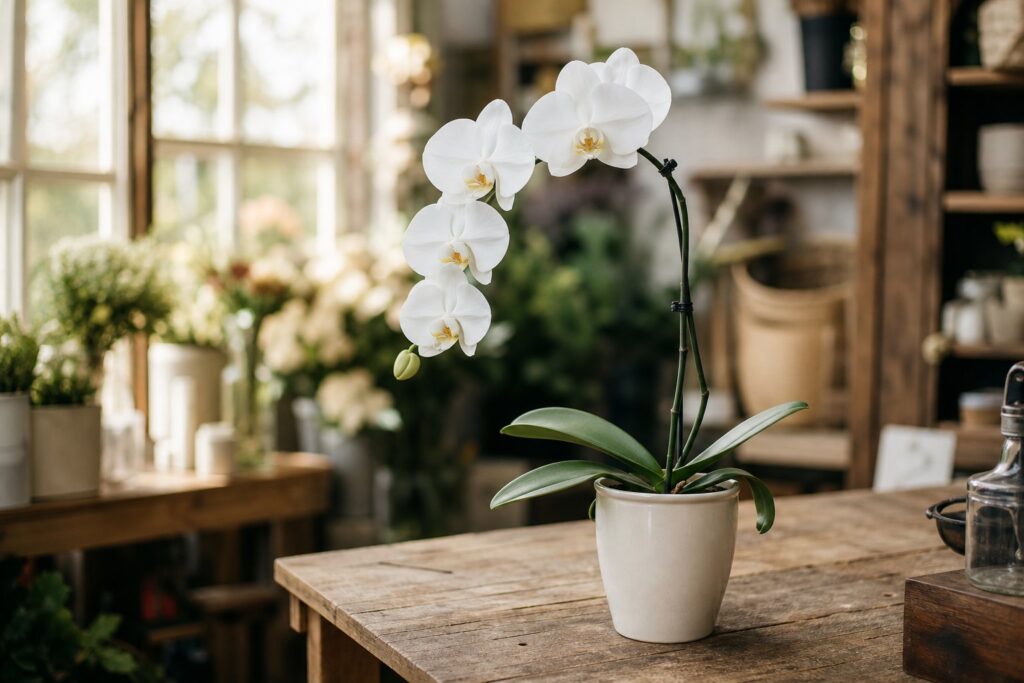 Healthy blooming white phalaenopsis orchid on wooden table