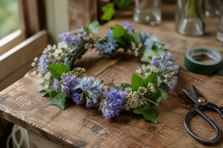 Finished floral headpiece crown on a florist worktable with floral tape and scissors