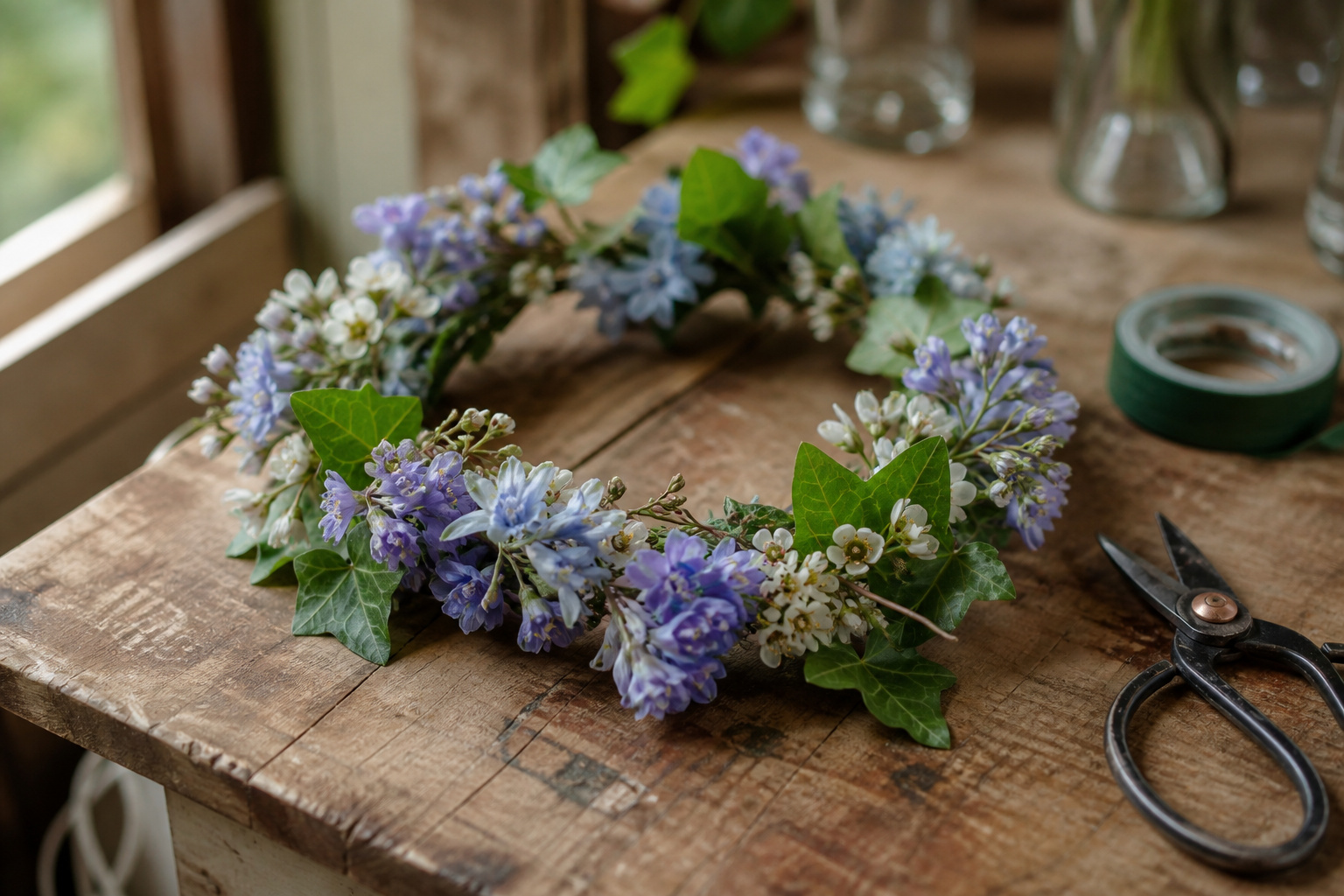 Finished floral headpiece crown on a florist worktable with floral tape and scissors