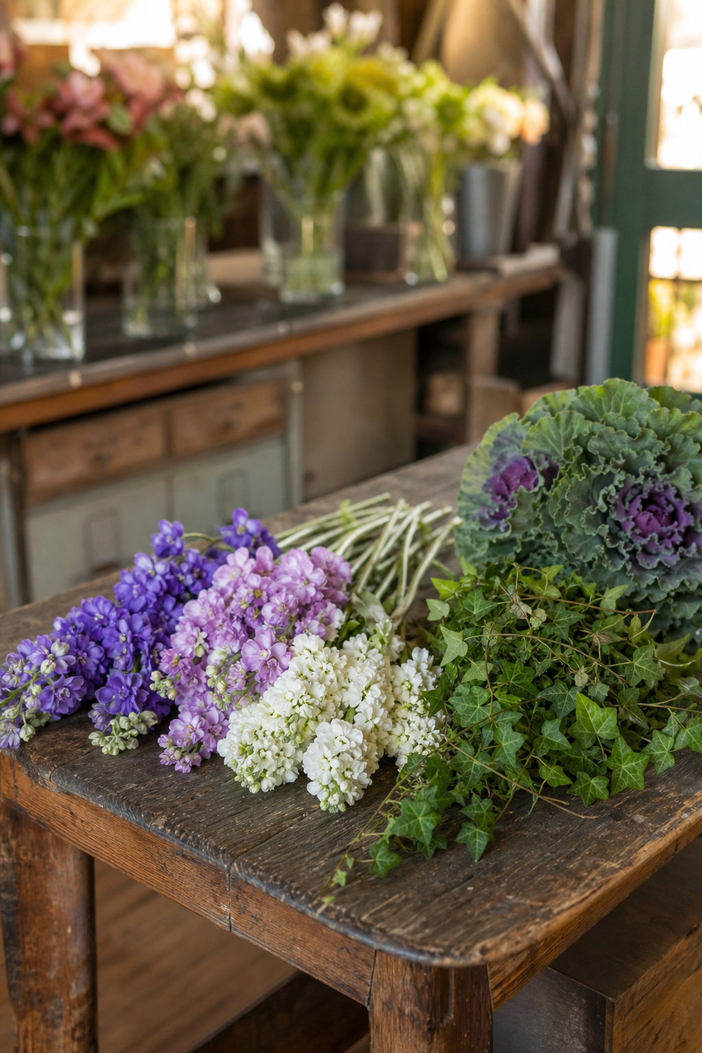 Small bundles of larkspur, stock, ivy, and ornamental kale on a wooden florist bench
