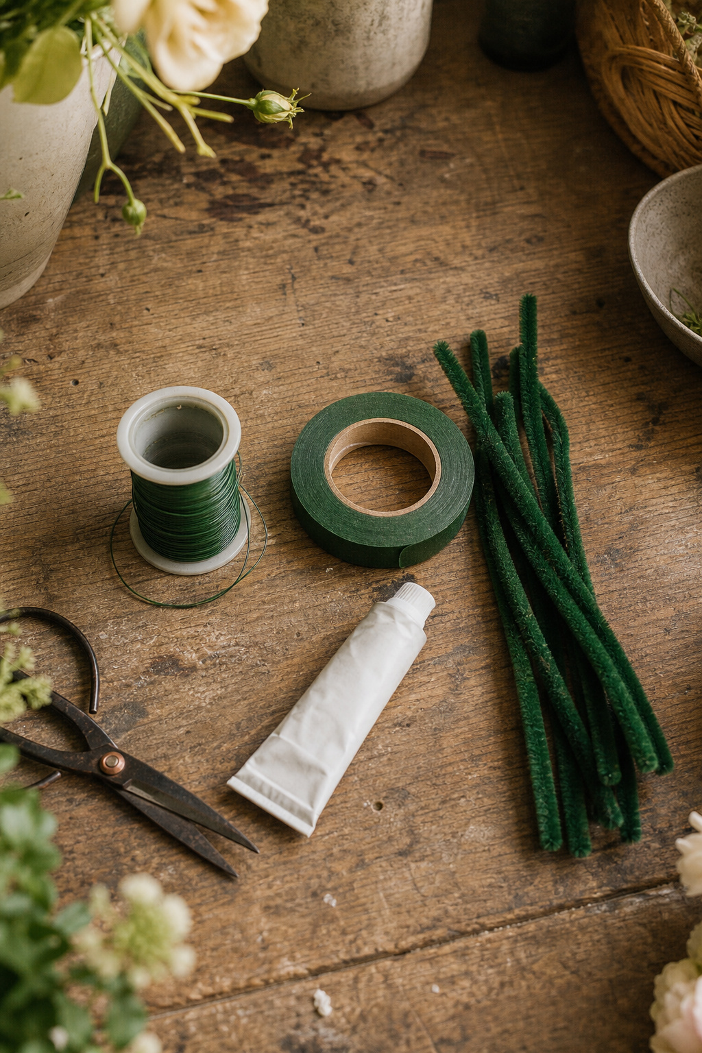 Floral wire, floral tape, cold glue tube, and chenille stems on a worktable