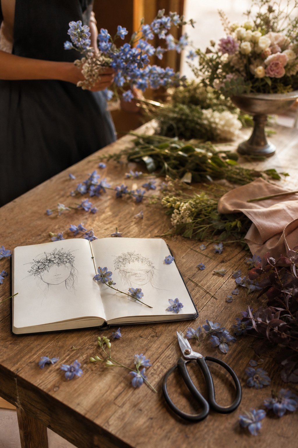 Florist worktable with scattered flower petals and a notebook of design sketches