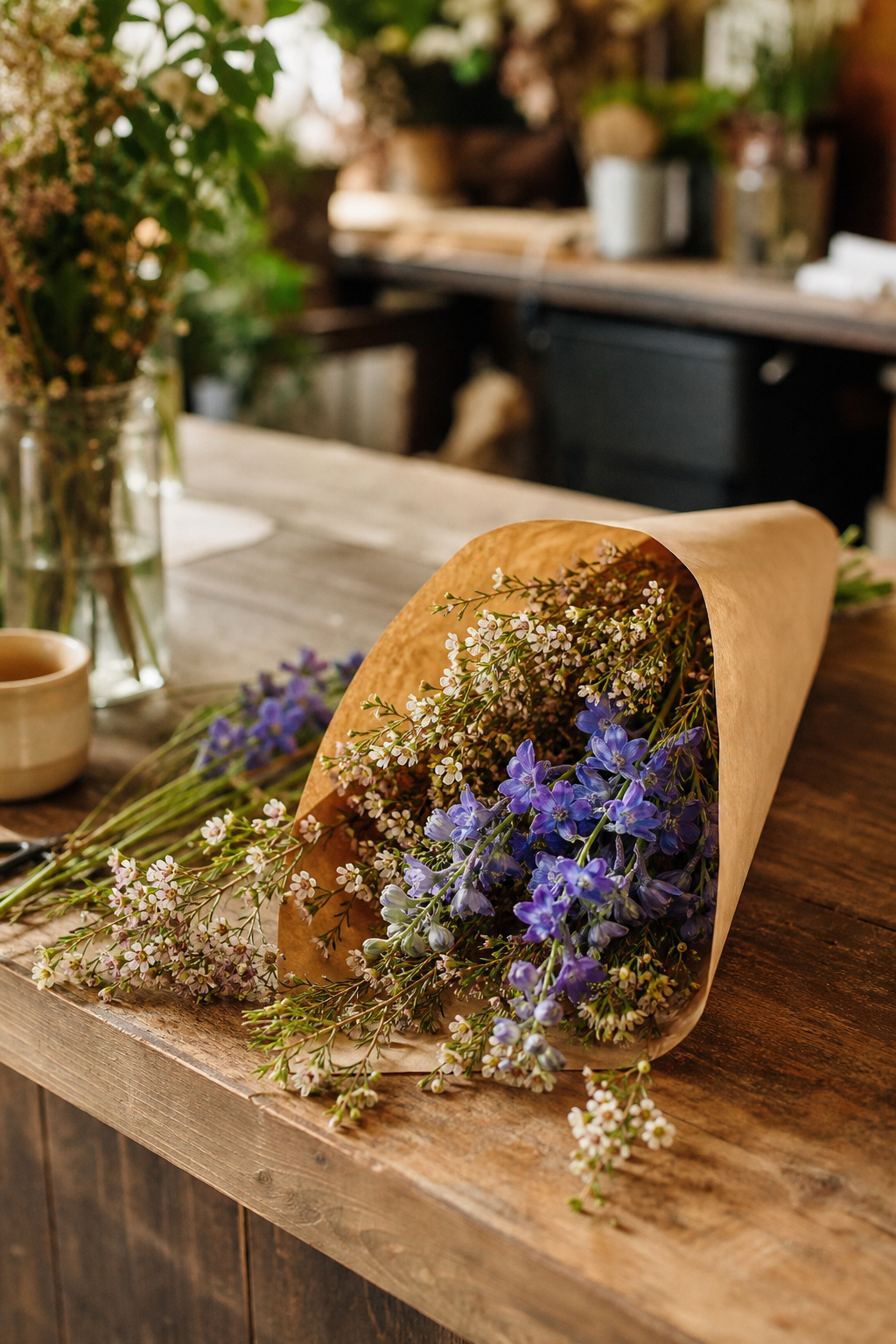 A few fresh flower stems in a brown paper wrap on a florist counter