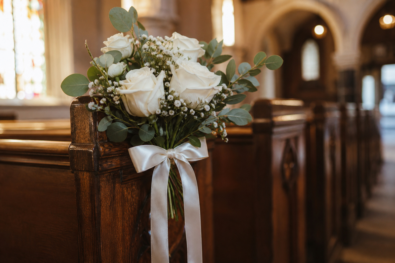 Hand-tied pew end flower arrangement with white roses and eucalyptus on a wooden church pew