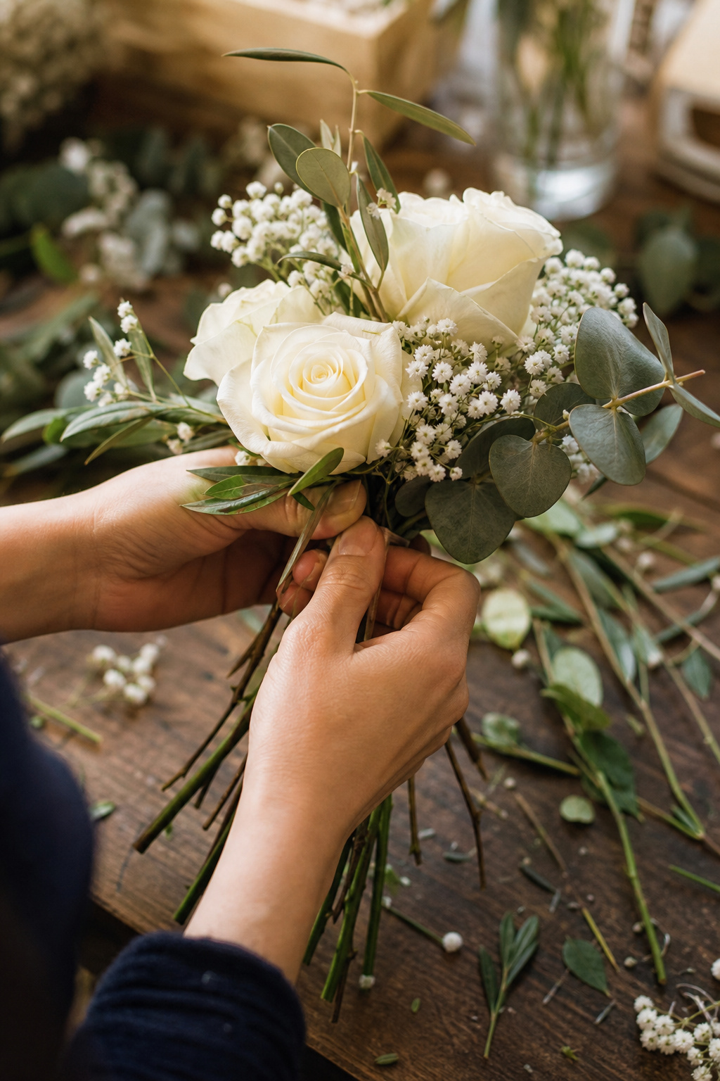 Florist's hands building a hand-tied pew end arrangement with roses and greenery