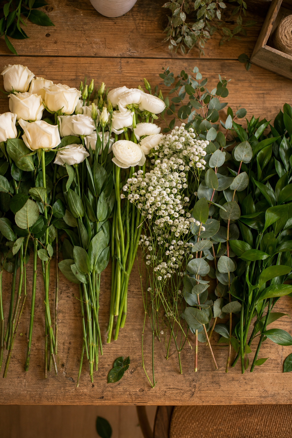 Fresh cut roses, lisianthus, eucalyptus, and baby's breath laid out on a florist worktable