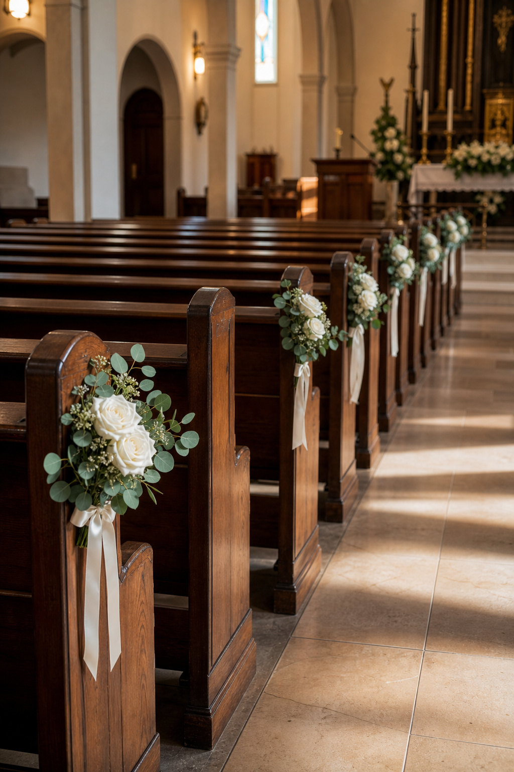 Church aisle with pew end flower arrangements spaced every other row on both sides