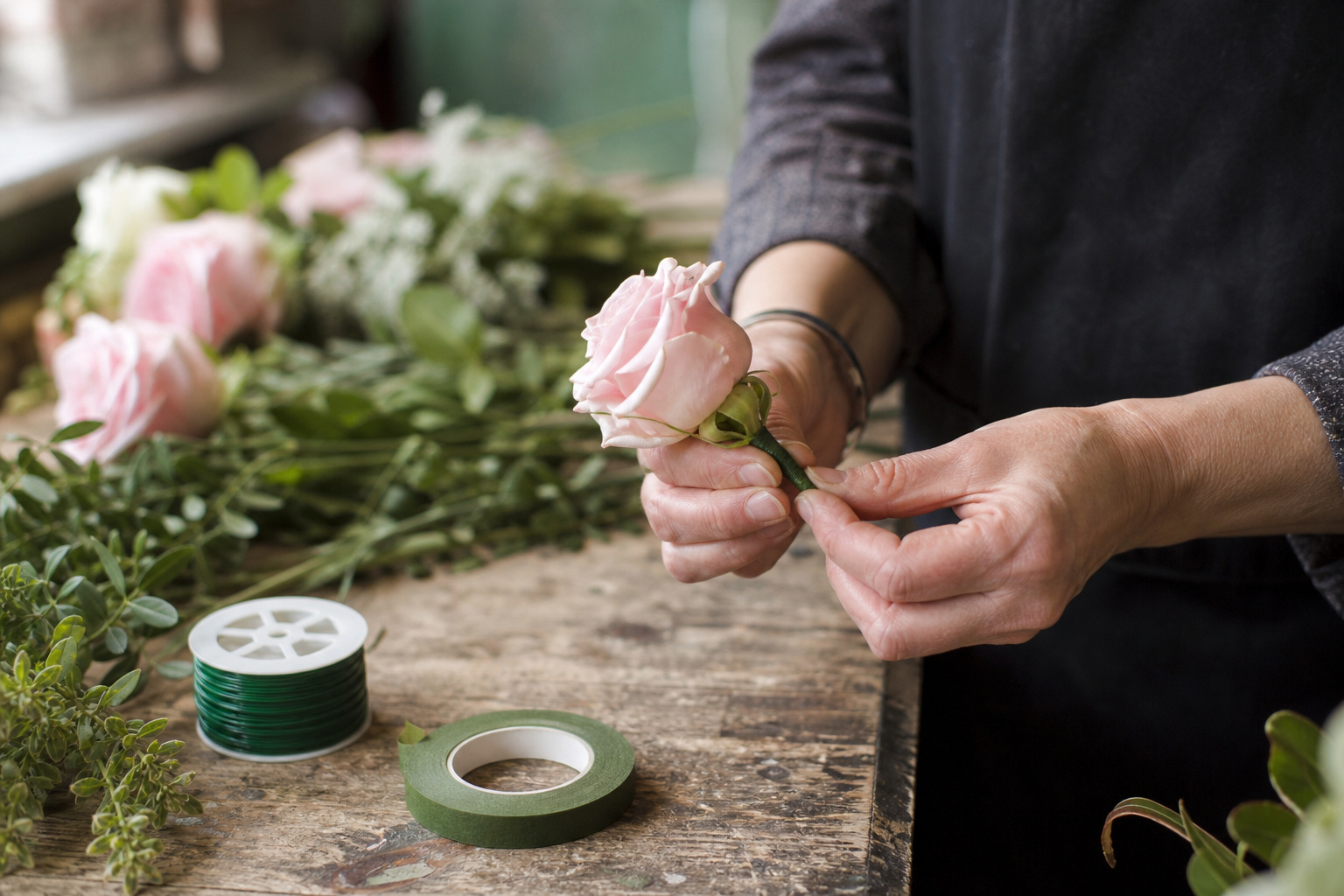 Florist wiring a rose for a corsage on a wooden worktable