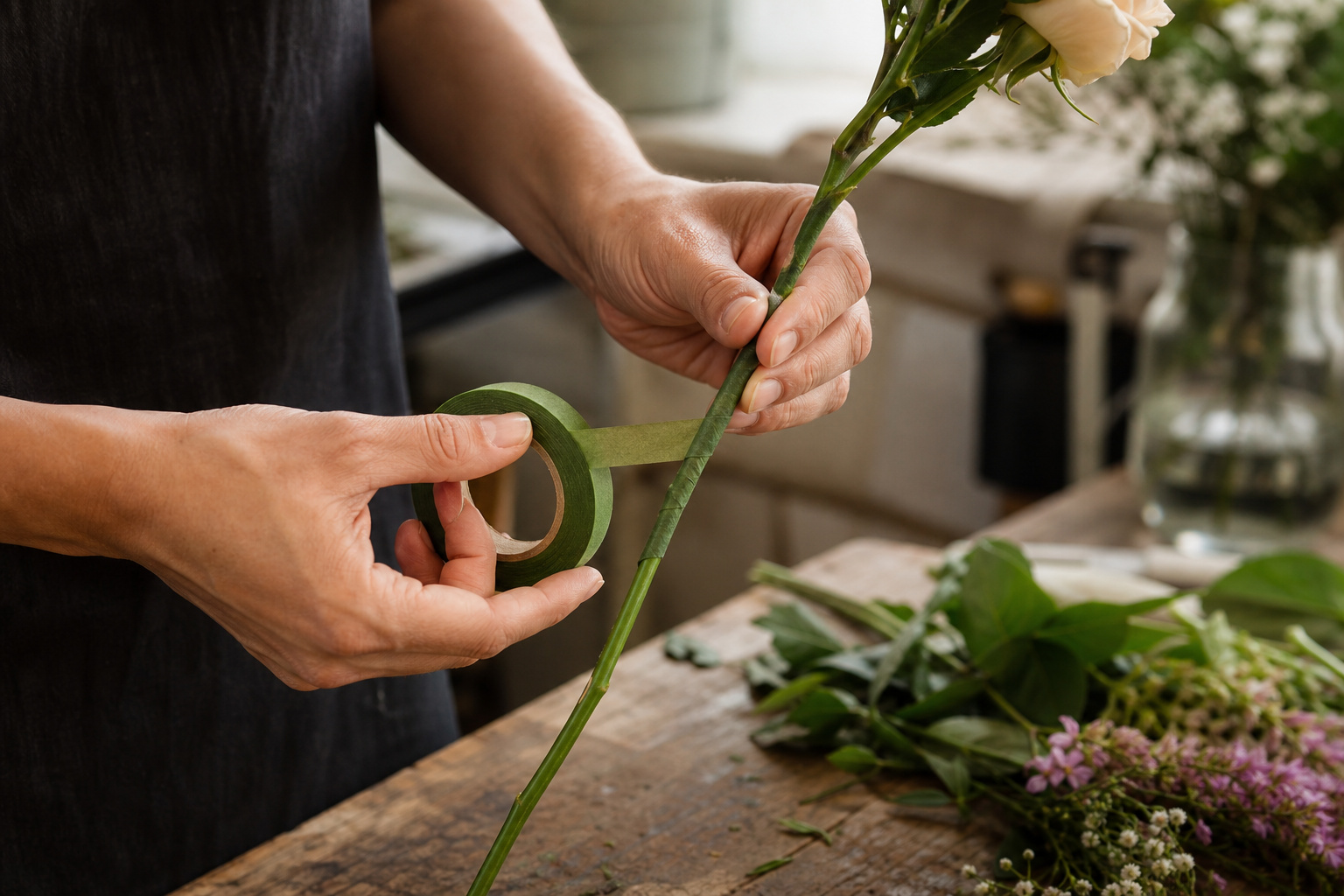 Florist carefully wrapping floral tape around a wired flower stem