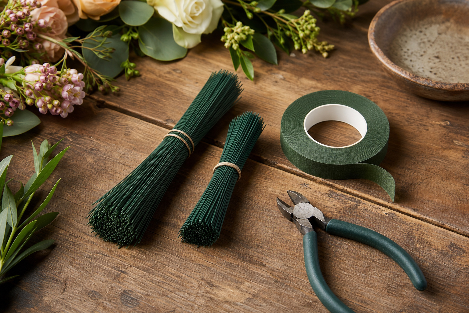 Floral wire gauges, floral tape, and wire cutters laid out on a florist's worktable