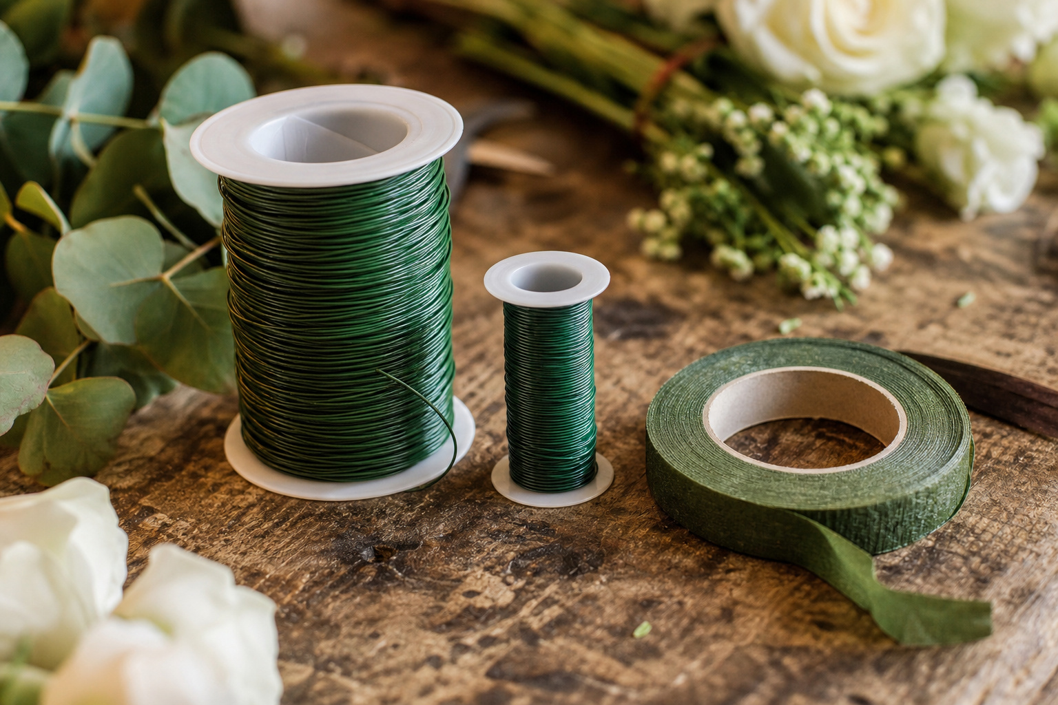 Close-up of green floral wire and floral tape on a wooden florist bench