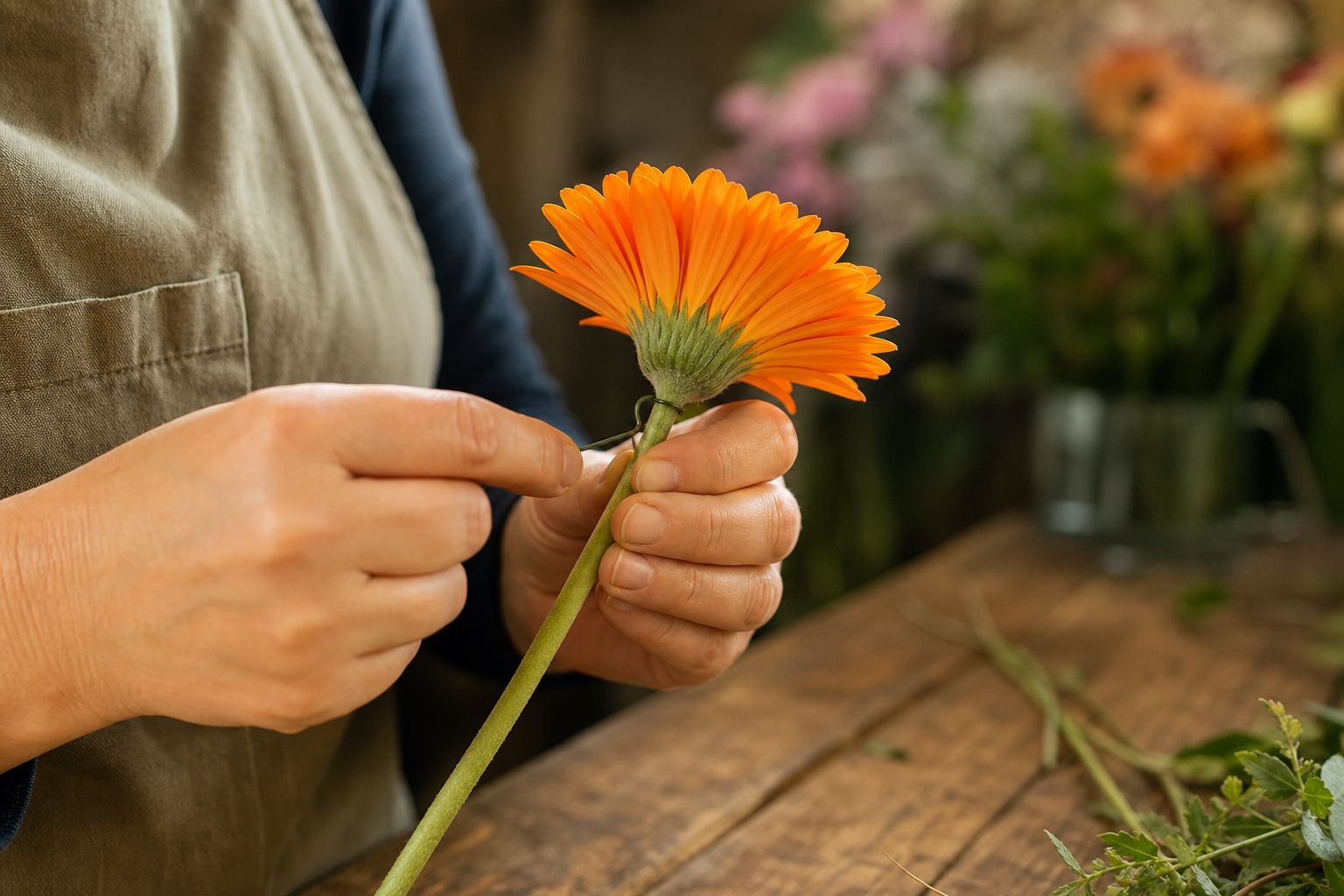 Florist using the hook wire method on a gerbera daisy for a corsage