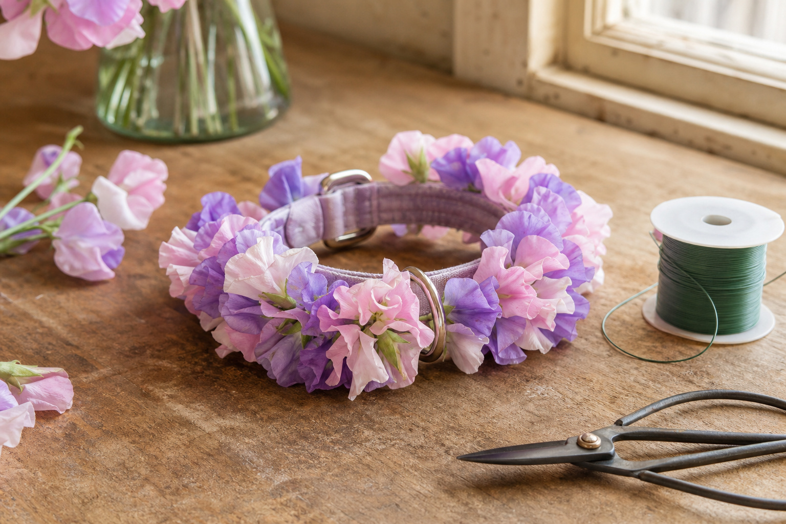 Finished floral dog collar made with sweet peas on a florist's worktable