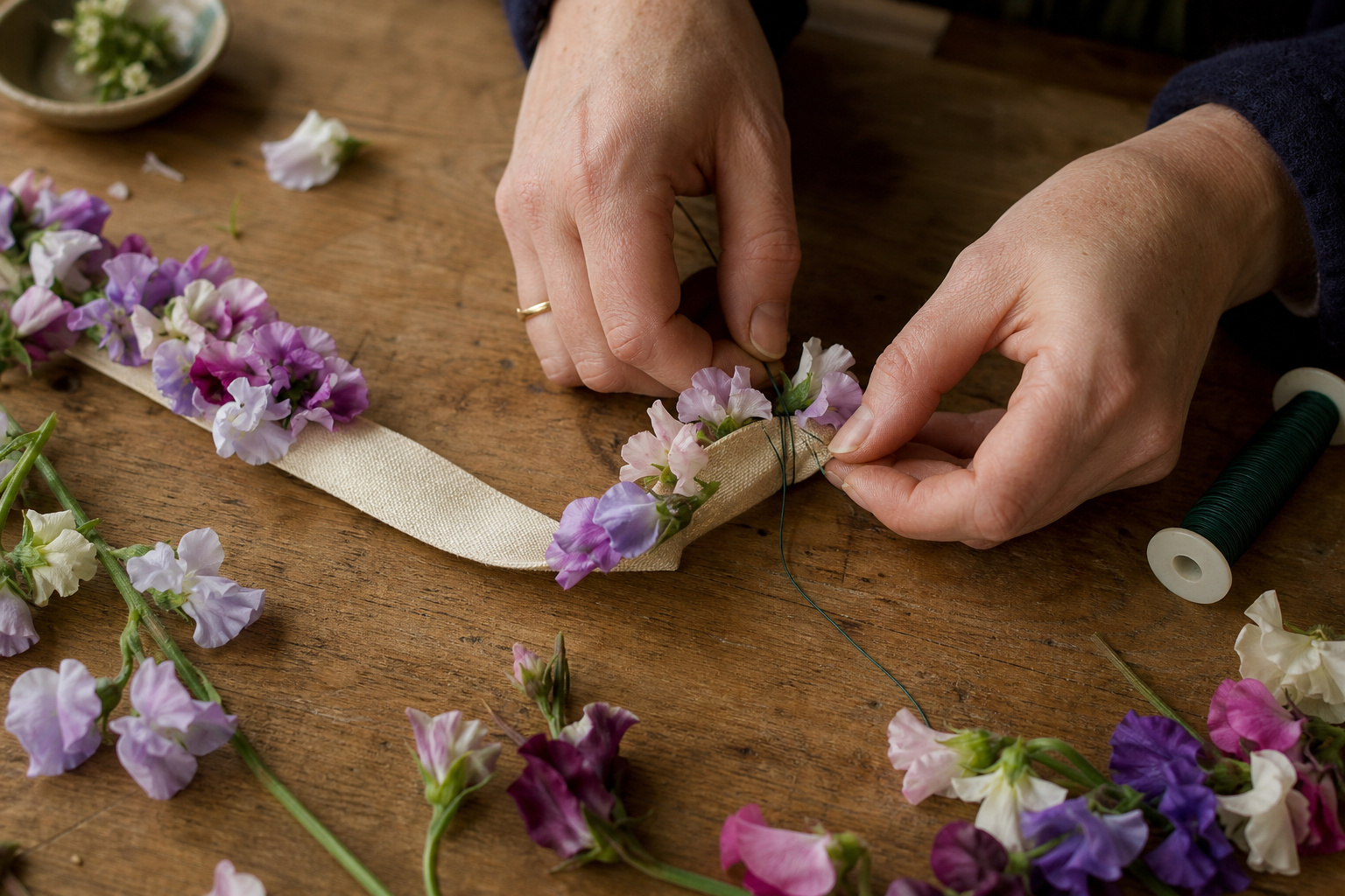 Florist hands wiring small sweet pea clusters to a fabric ribbon collar on a worktable
