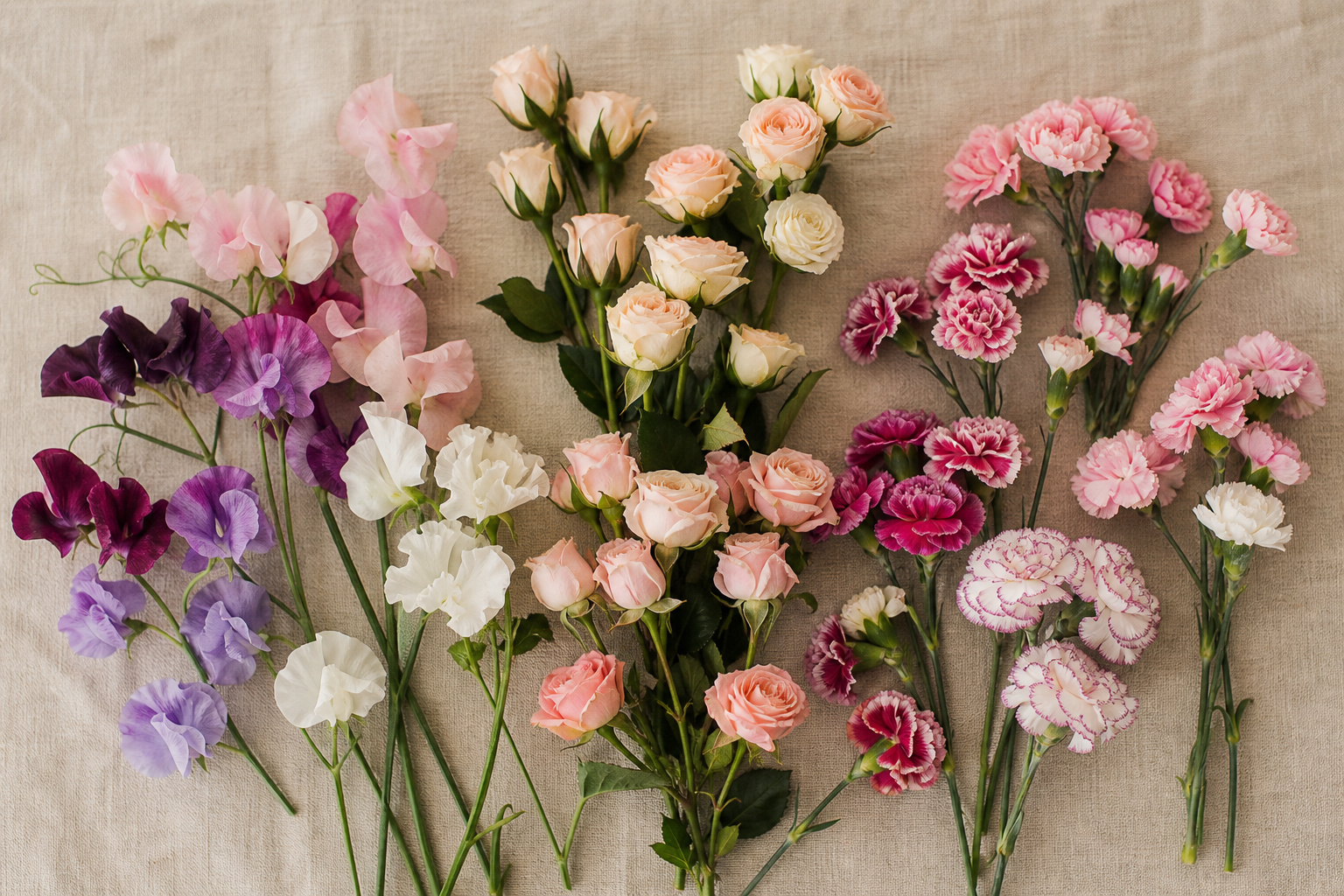 Small bundles of sweet peas, spray roses, and miniature carnations laid out on a wooden florist worktable
