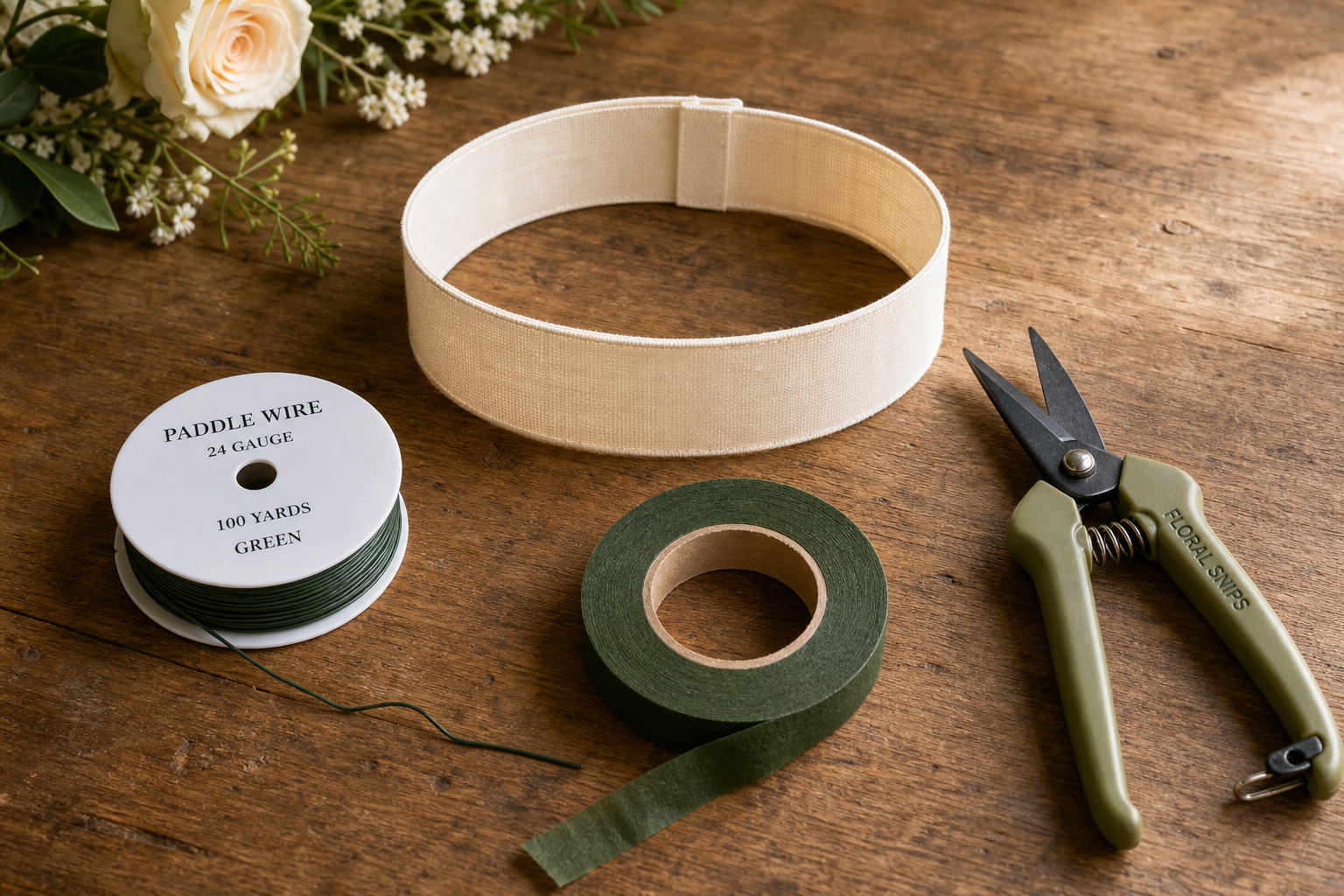 Floral wire, floral tape, snips, and a ribbon collar laid out on a wooden worktable