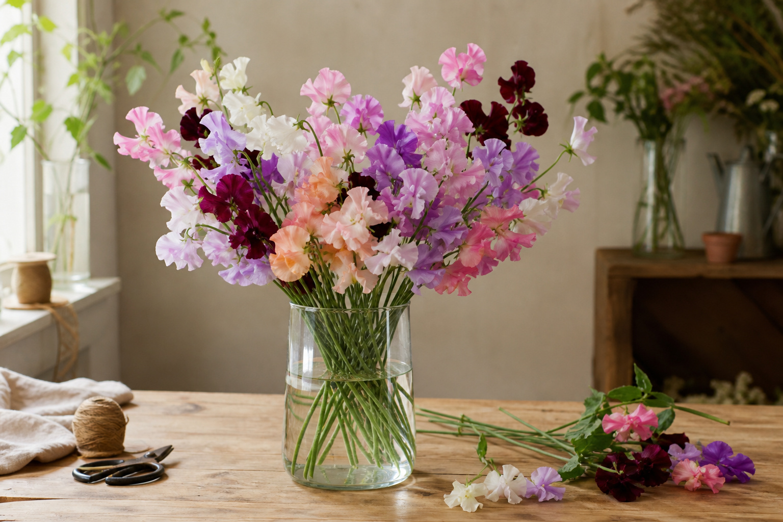 Fresh sweet peas in a glass vase conditioning in water on a florist worktable