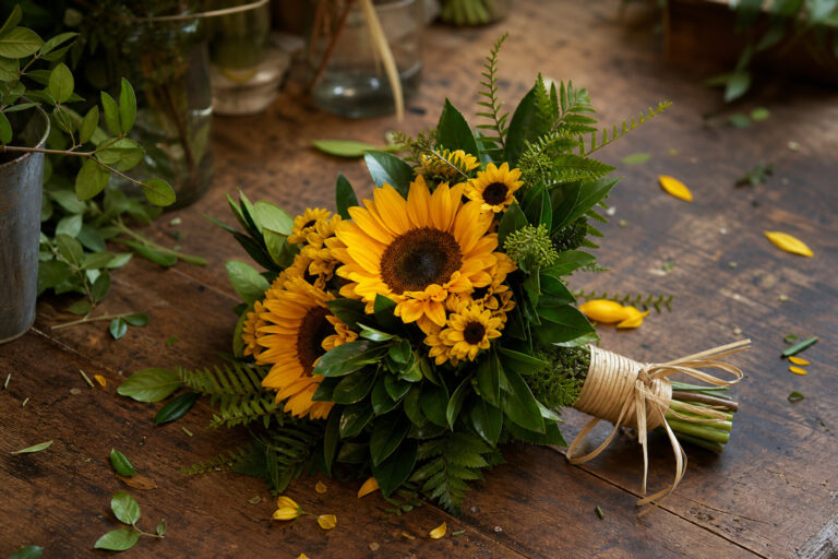 DIY sunflower wedding bouquet with greenery on a florist's worktable