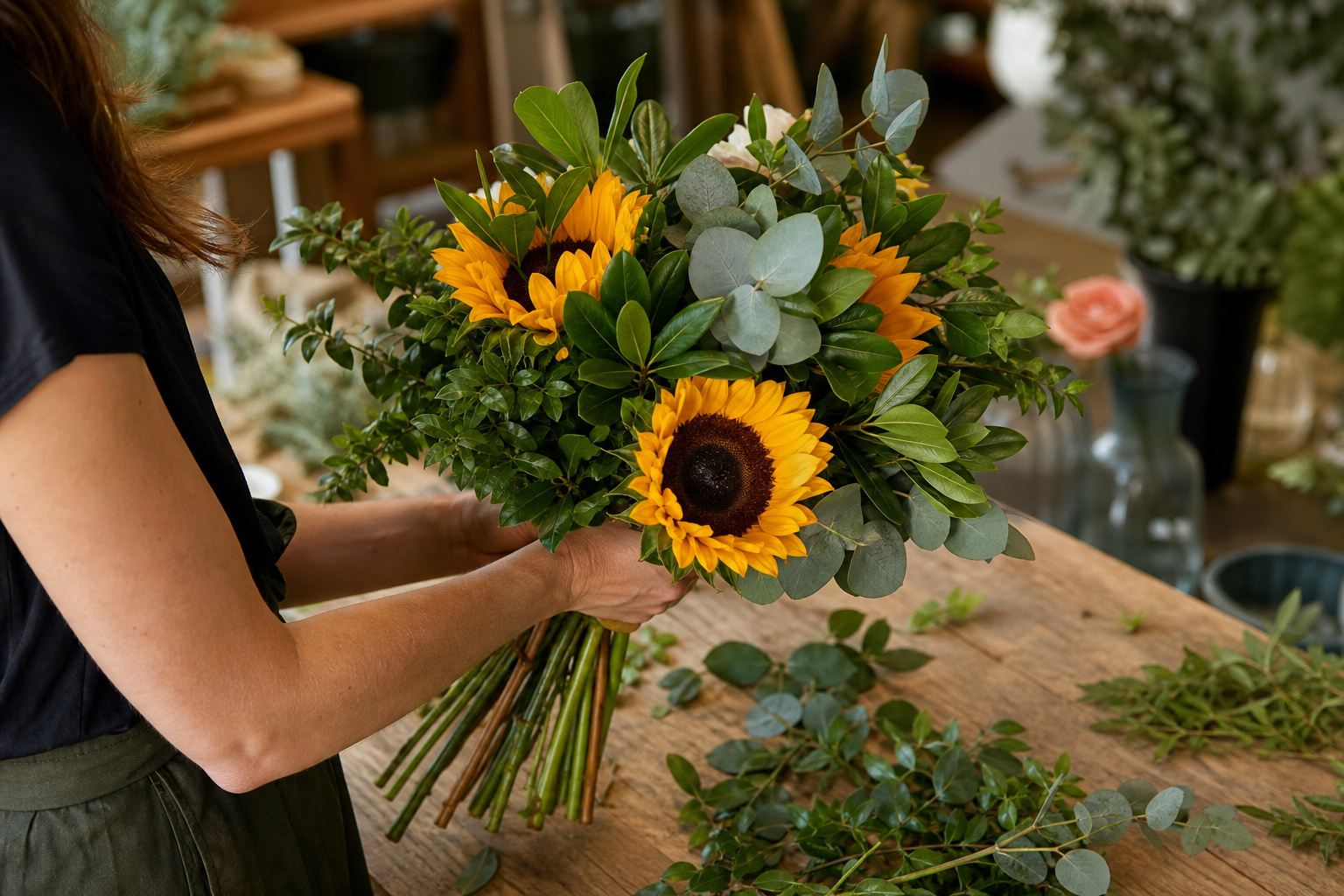 Sunflower bouquet in progress with pittosporum and eucalyptus greenery on a worktable