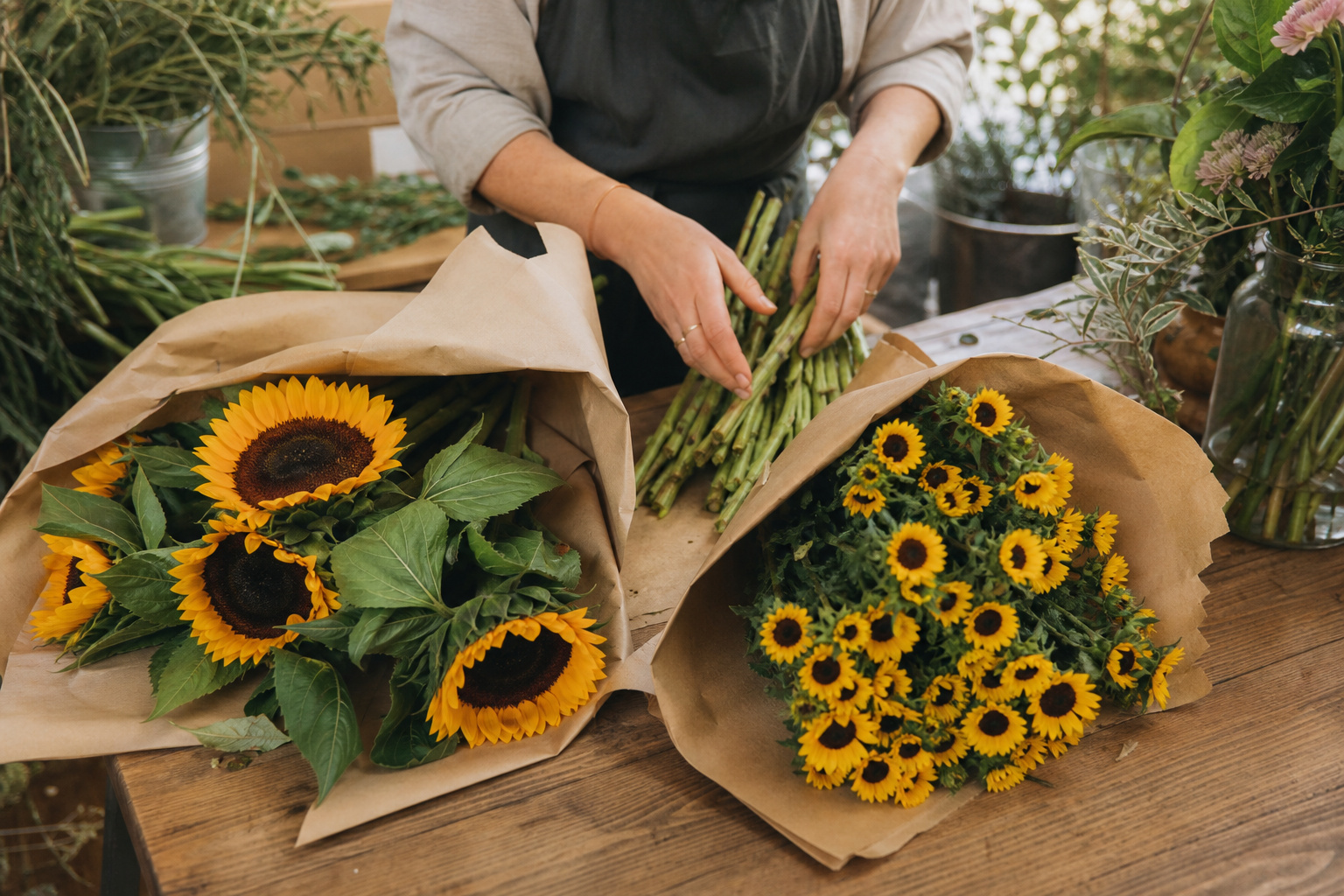 Bunches of sunflowers being counted and sorted on a florist's bench