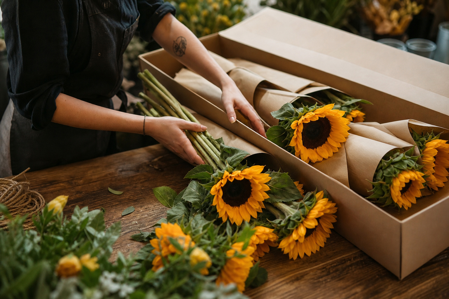 Freshly delivered box of wholesale sunflowers being unpacked in a flower shop