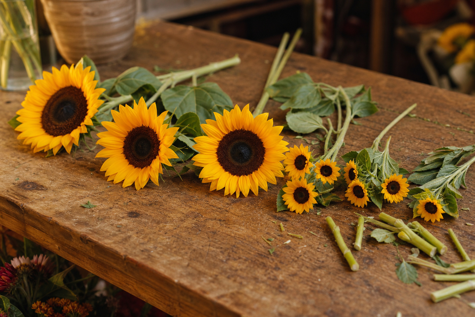 Large and mini sunflower varieties laid out on a florist's worktable