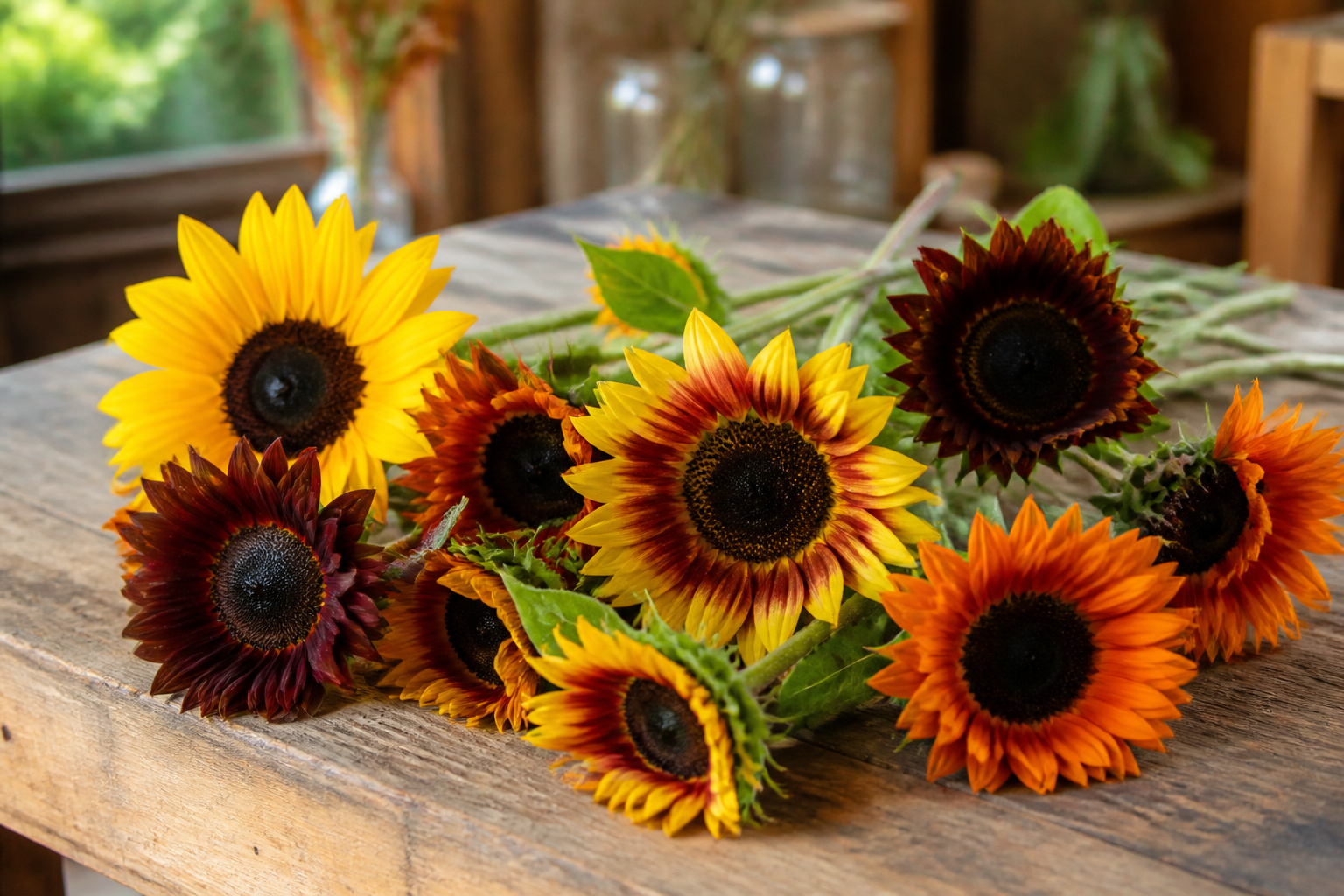 Sunflowers in multiple colors including yellow, orange, and mahogany on a worktable