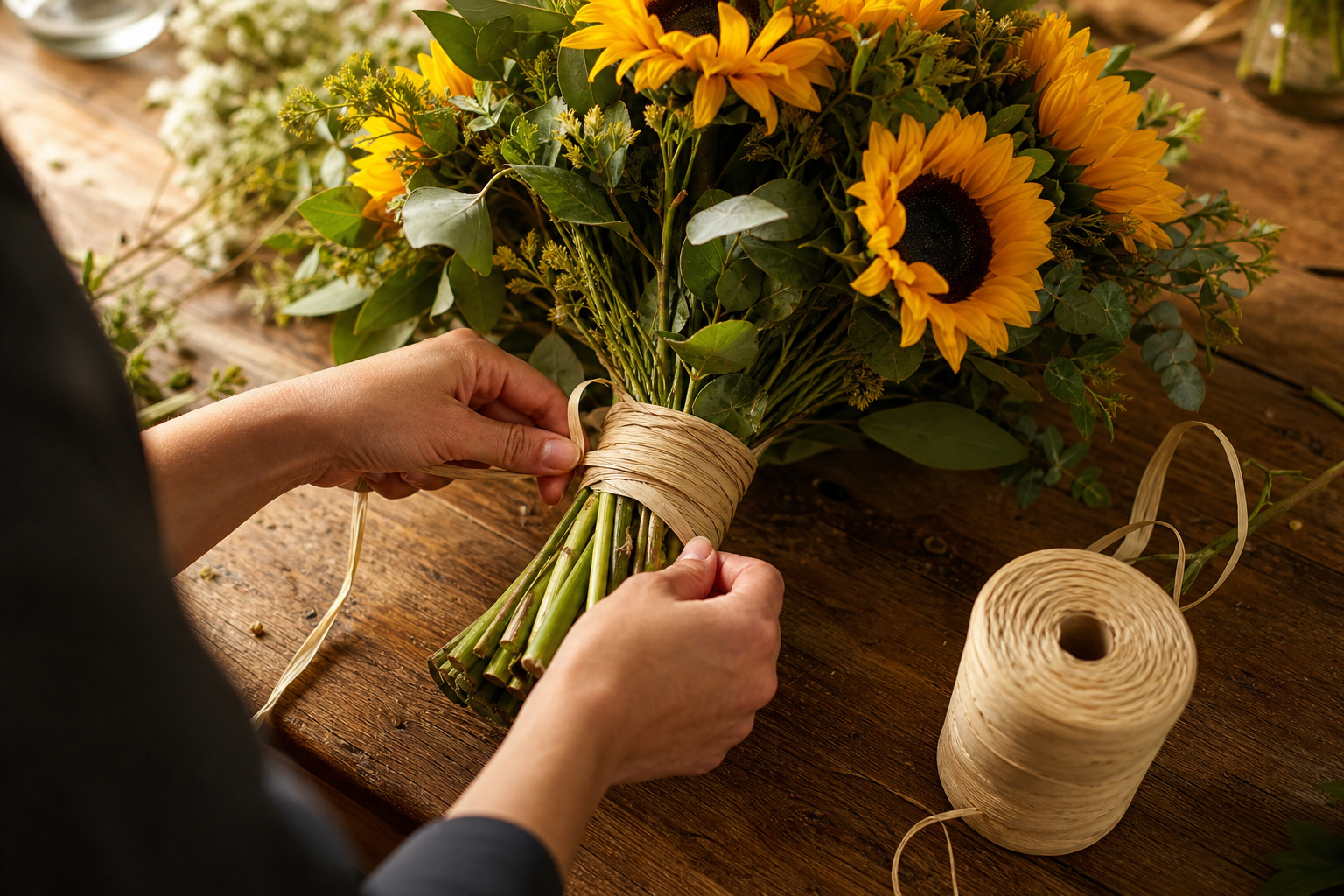 Florist wrapping sunflower bouquet stems with natural raffia on a worktable