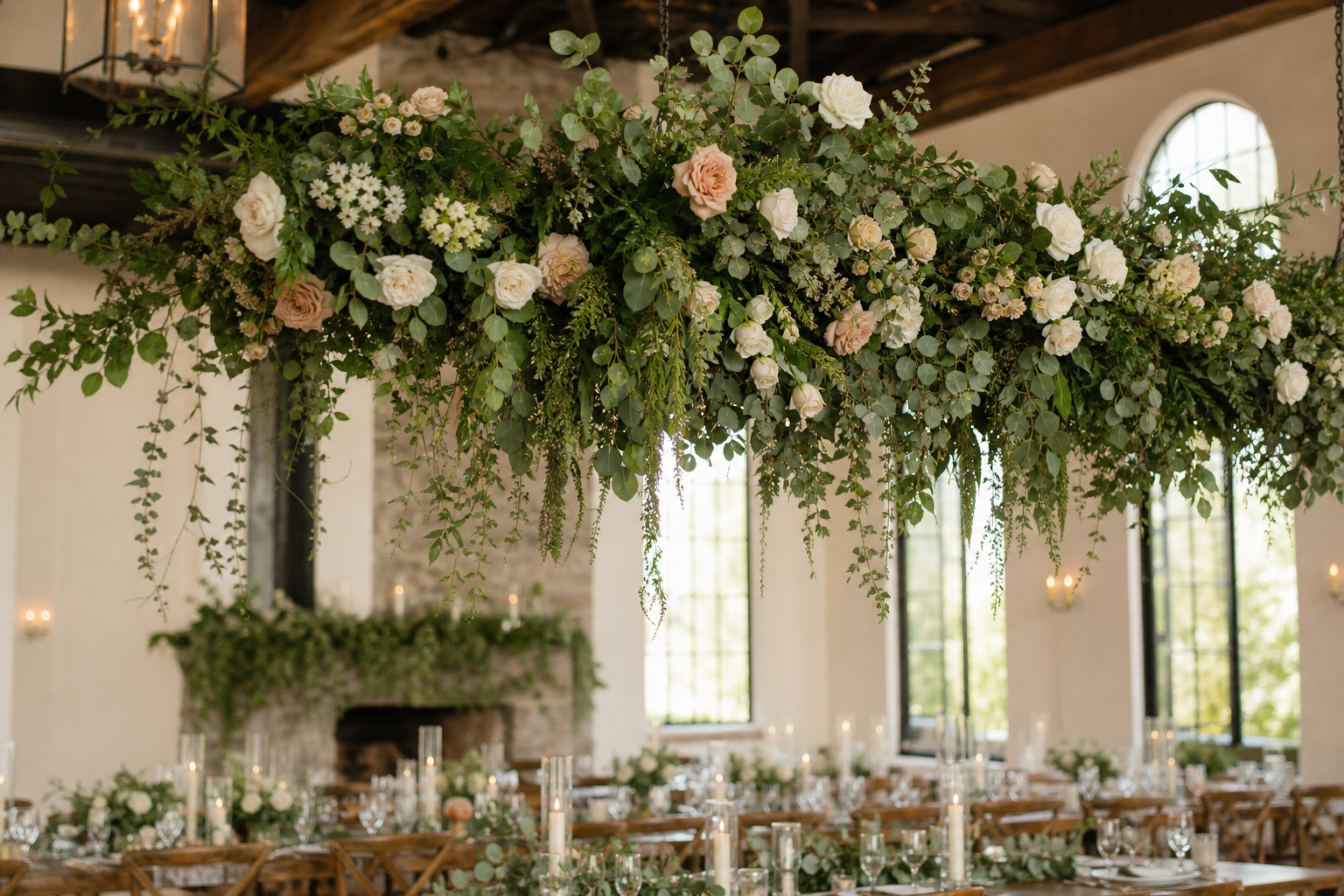 Hanging floral installation with roses and eucalyptus above a reception table