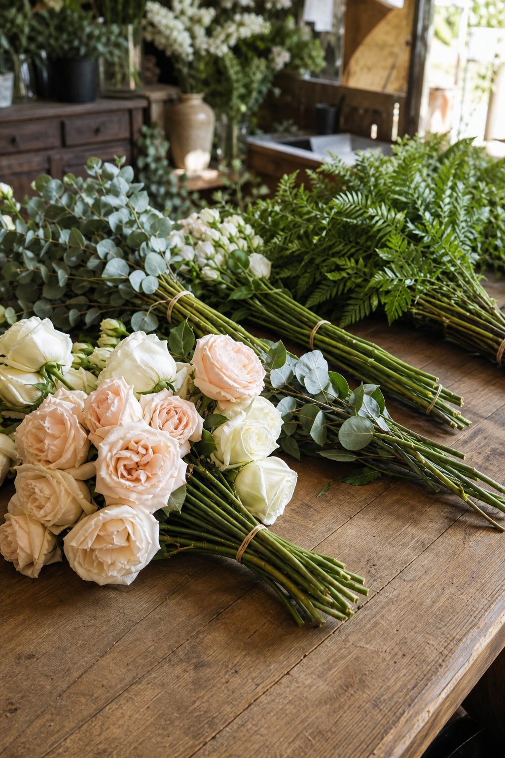 Bunches of fresh roses and eucalyptus laid out on a florist's worktable ready for a hanging installation