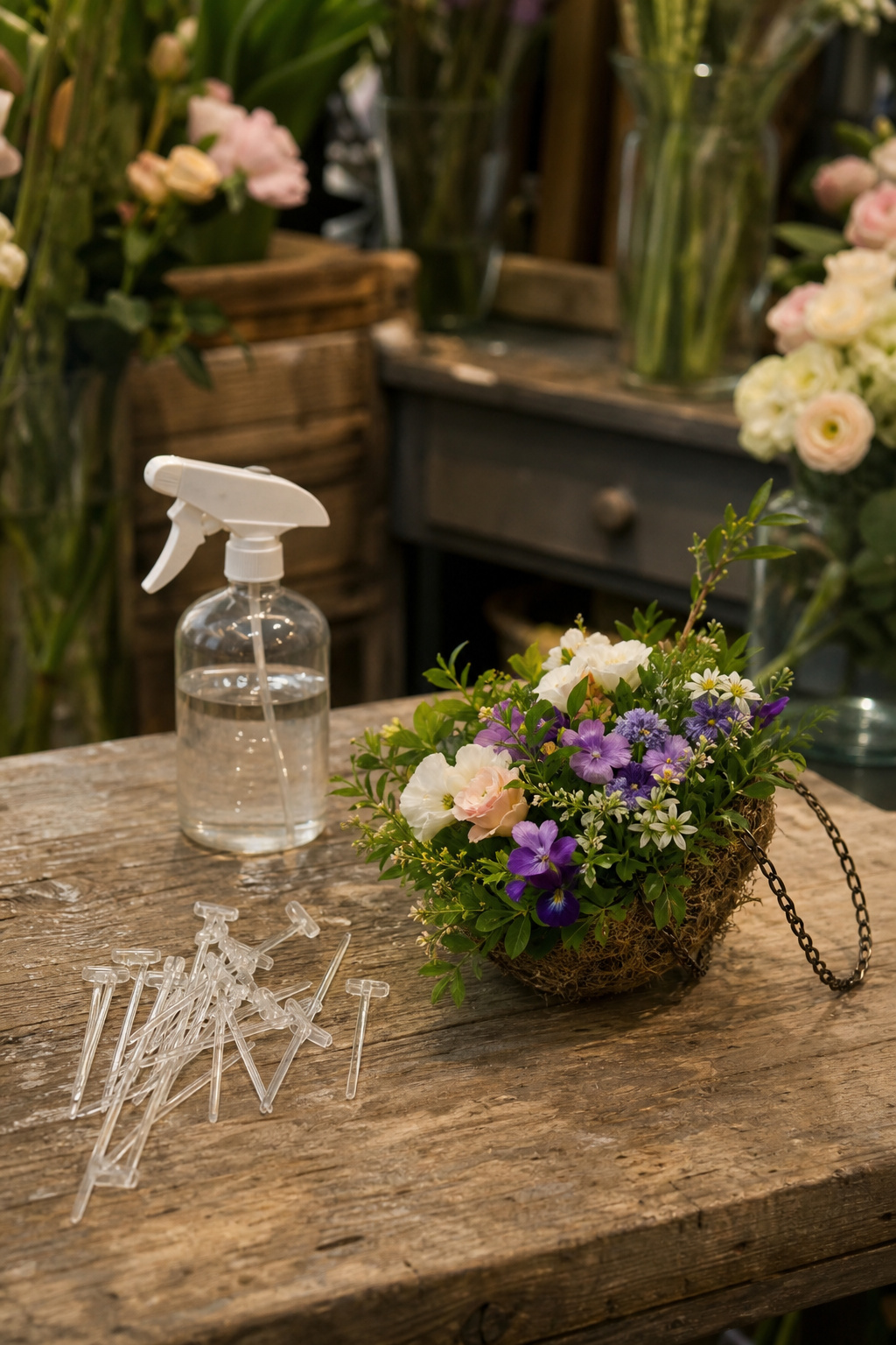 Water picks and a spray bottle next to a hanging floral installation during final touches