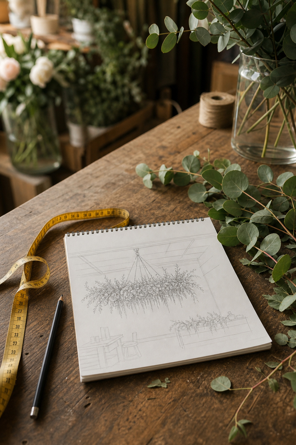 Florist sketching a hanging installation plan on a notepad at a wooden worktable