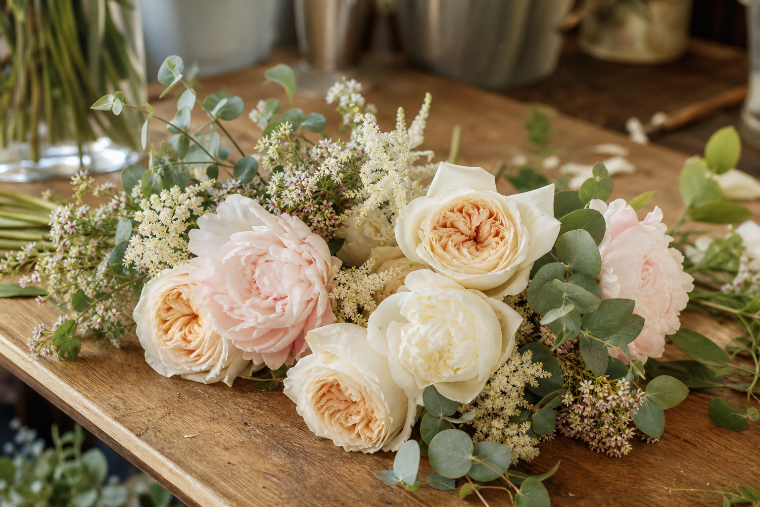 Large garden roses and peony blooms laid out as focal flowers on a worktable